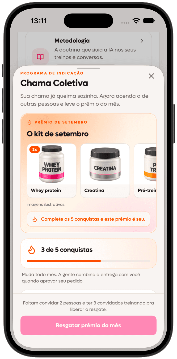 Chama Coletiva no iPhone, com moldura do aparelho, vitrine do kit de setembro e progresso de três das cinco conquistas.
