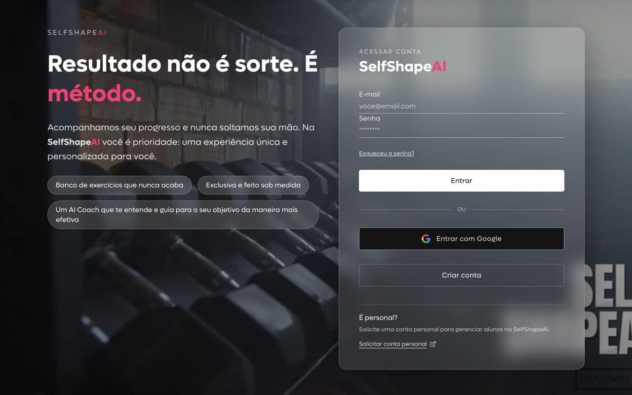 Tela de login da SelfShapeAI com o botão Entrar com Google em destaque.