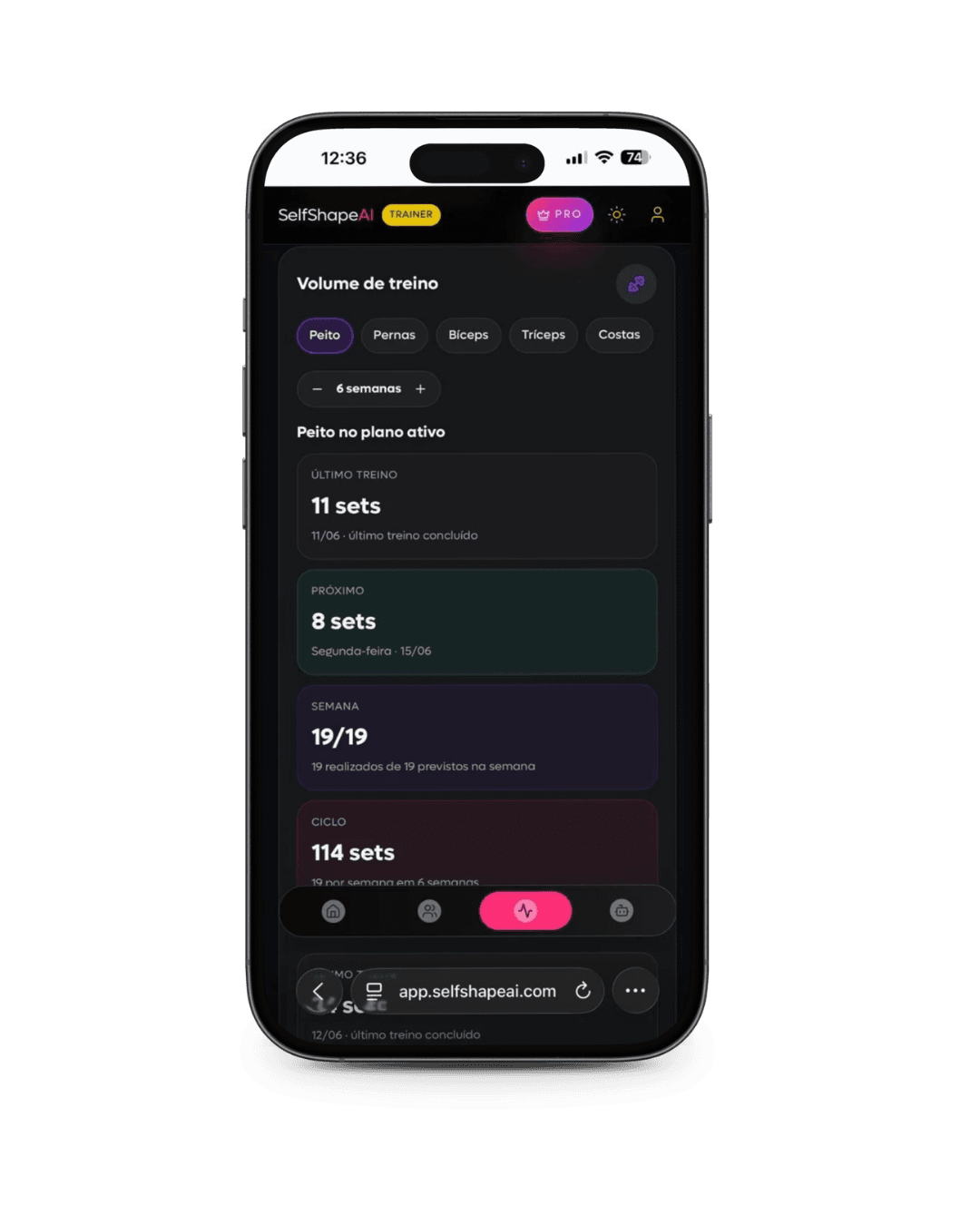 Tela atual da SelfShapeAI mostrando análise de volume de treino, sets planejados e execução.