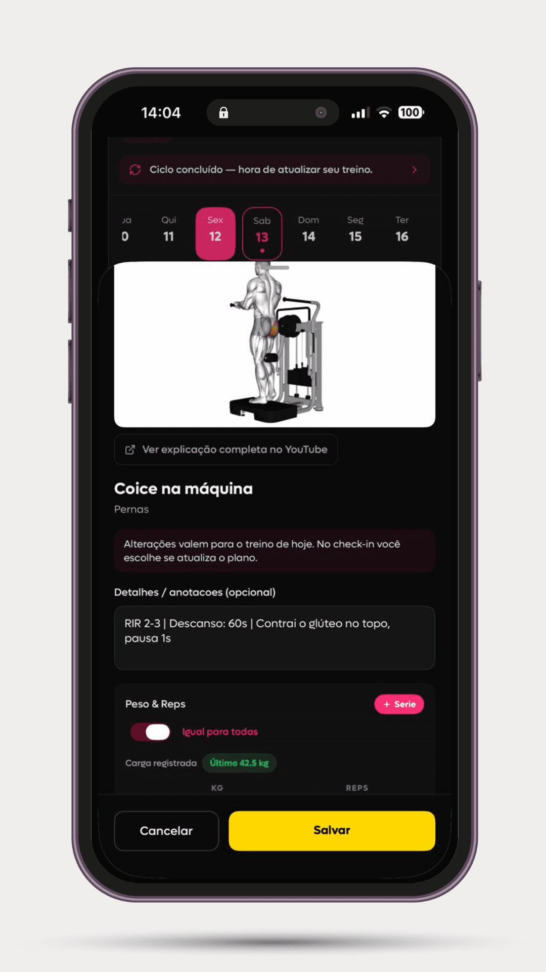 Tela de exercício da SelfShapeAI com carga anterior, campo de repetições, RIR, descanso e notas técnicas.