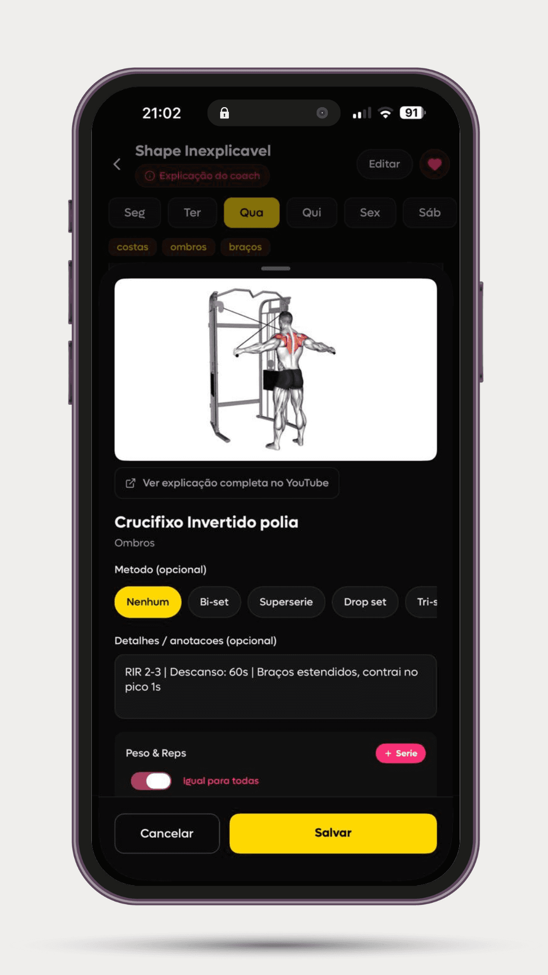 Tela de detalhes de exercício da SelfShapeAI com orientação técnica, RIR, descanso e contração no pico.