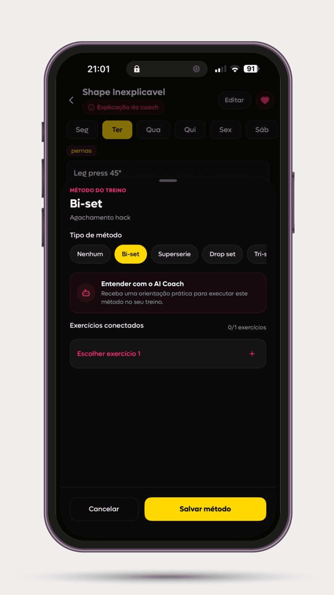Tela da SelfShapeAI com opções de métodos como bi-set, supersérie e drop set.