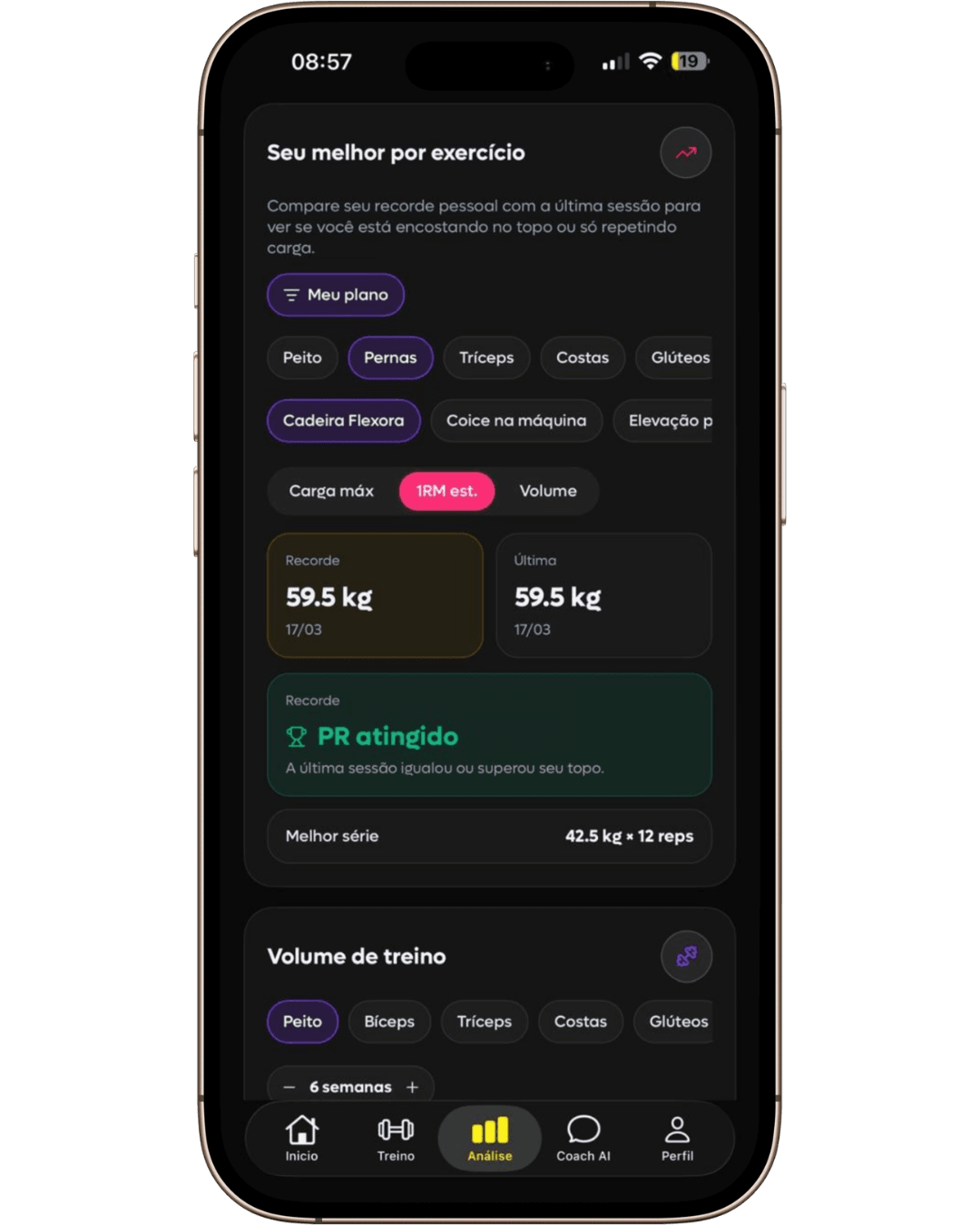 Análise de recorde pessoal na SelfShapeAI comparando o melhor resultado com a sessão mais recente.