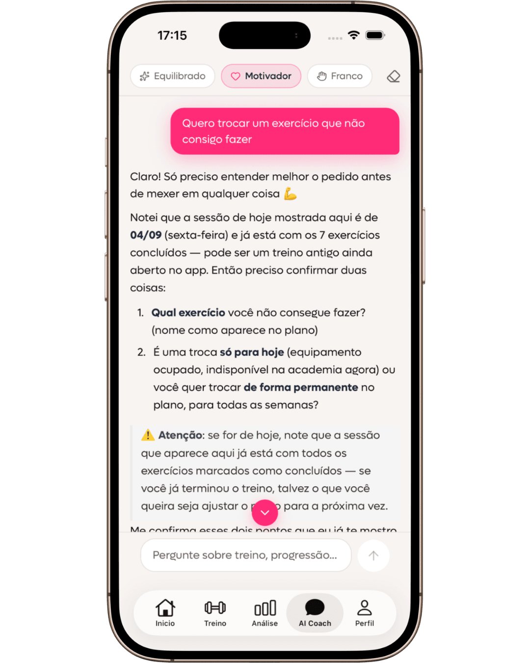 Conversation with SelfShapeAI AI Coach in light mode about replacing an exercise in the plan.