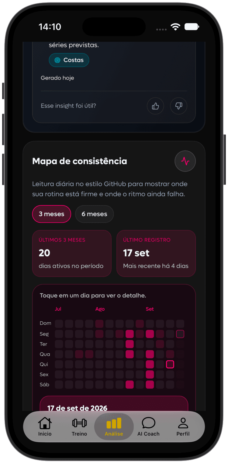 Mapa de consistência em modo escuro com vinte dias de registros e calendário de três meses.