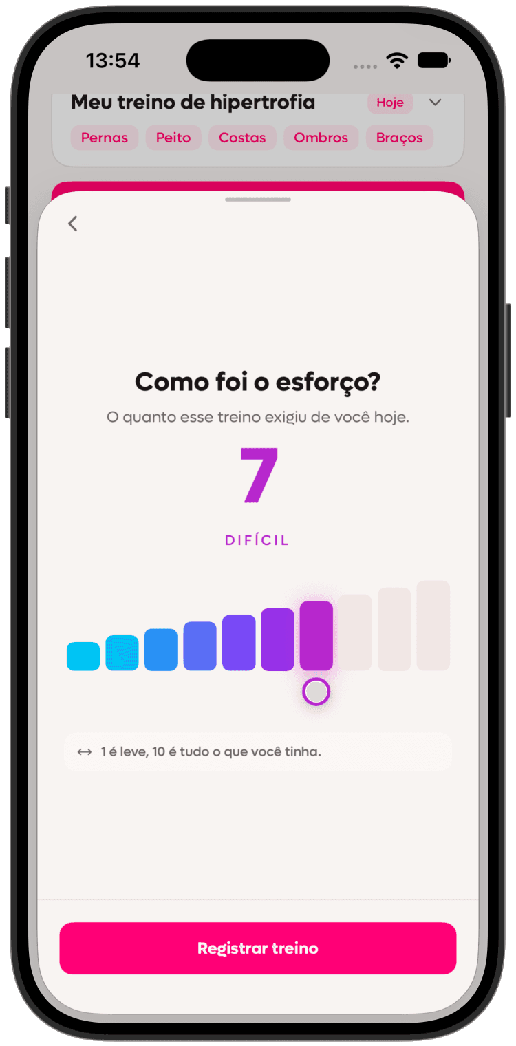 Pergunta Como foi o esforço no iPhone, com nota 7 de 10 e descrição Difícil.