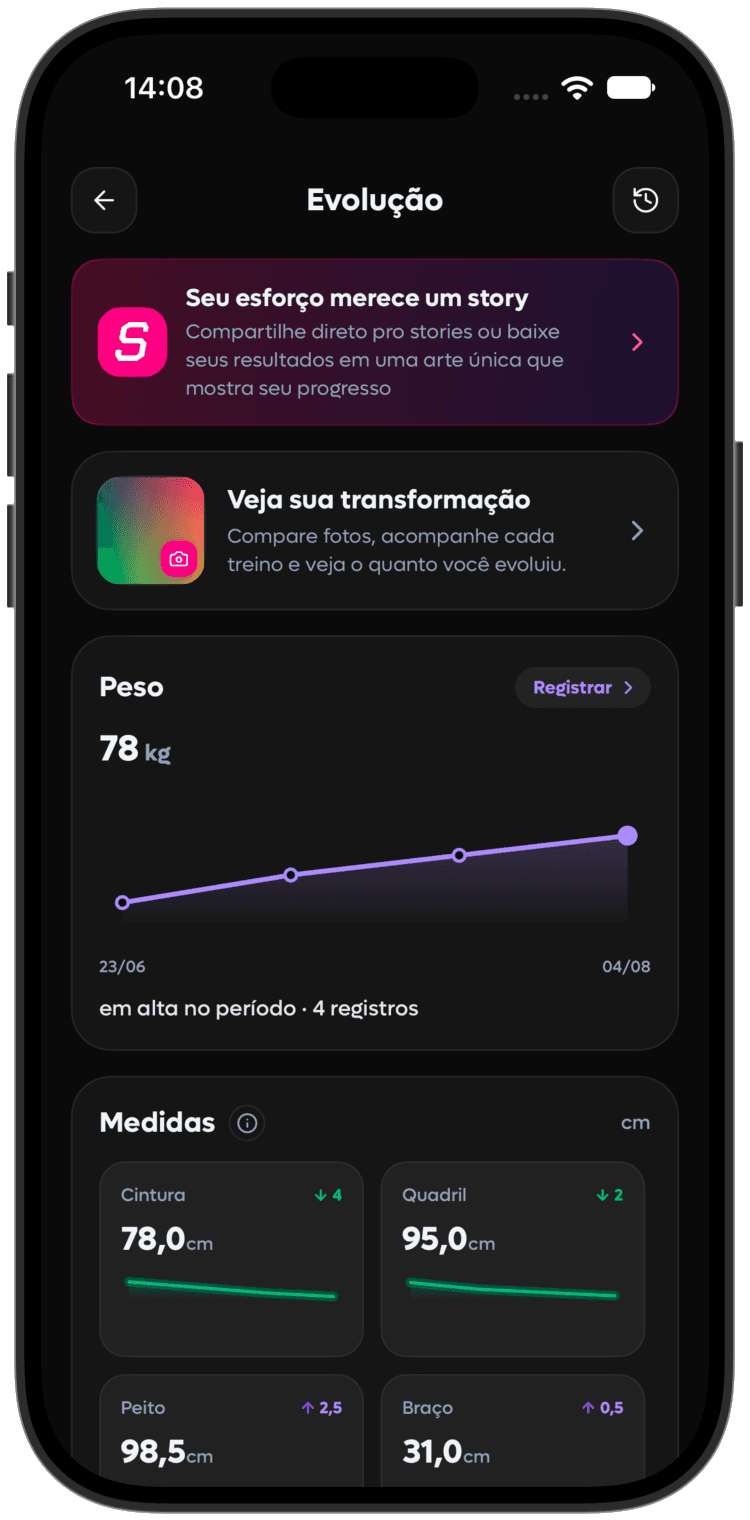 Evolução corporal no app SelfShapeAI em modo escuro, dentro da moldura do iPhone.