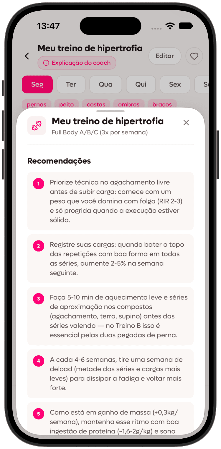 Tela atual da SelfShapeAI mostrando contexto do aluno e recomendações da IA para montar o plano.