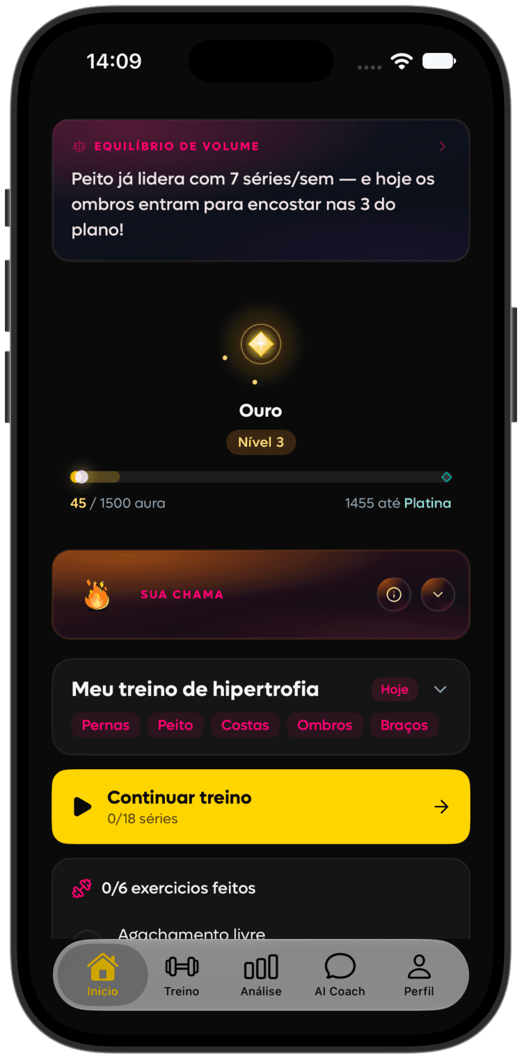 Tela inicial do iPhone em modo escuro com Aura, rank, chama e treino do dia.