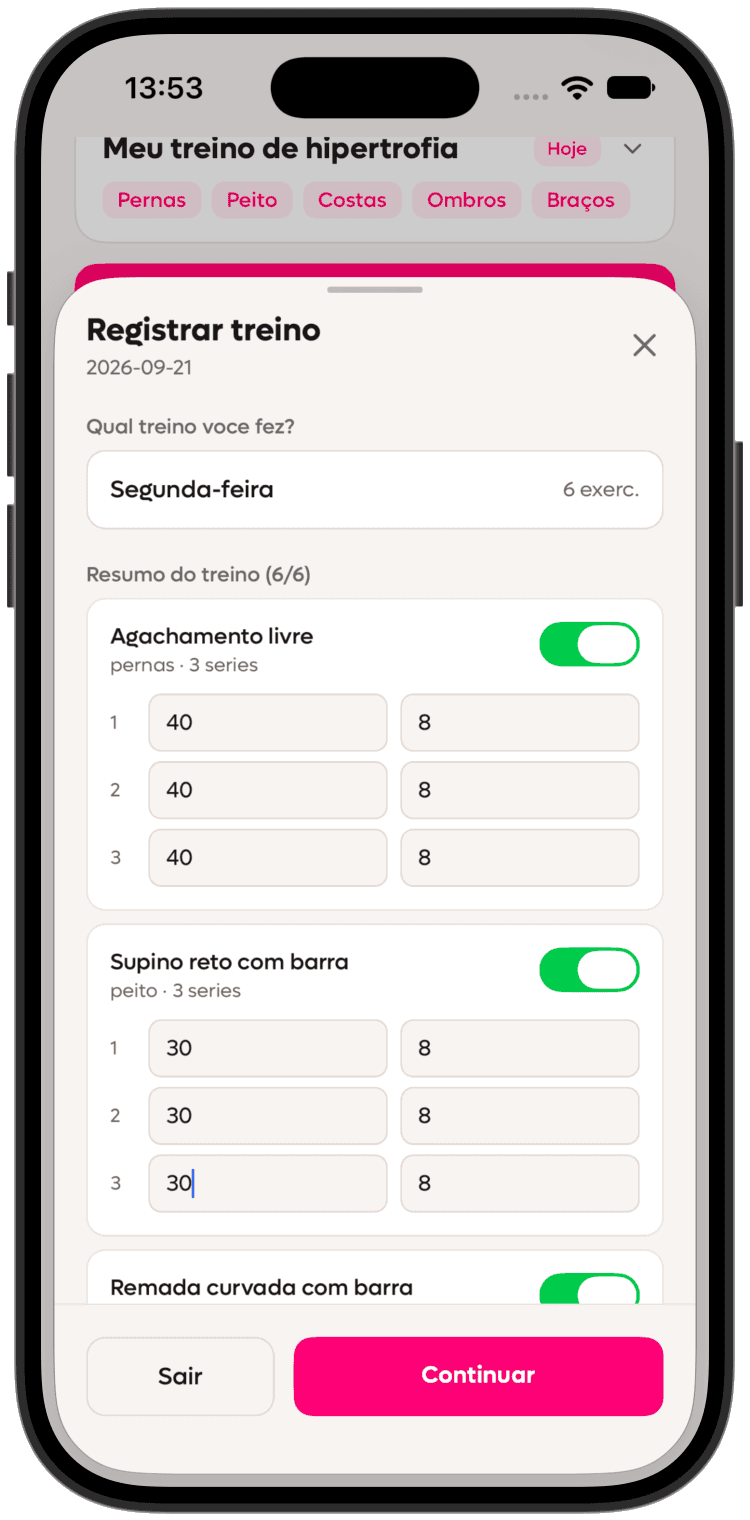 SelfShapeAI workout logging screen with load, repetitions, perceived effort and session notes.