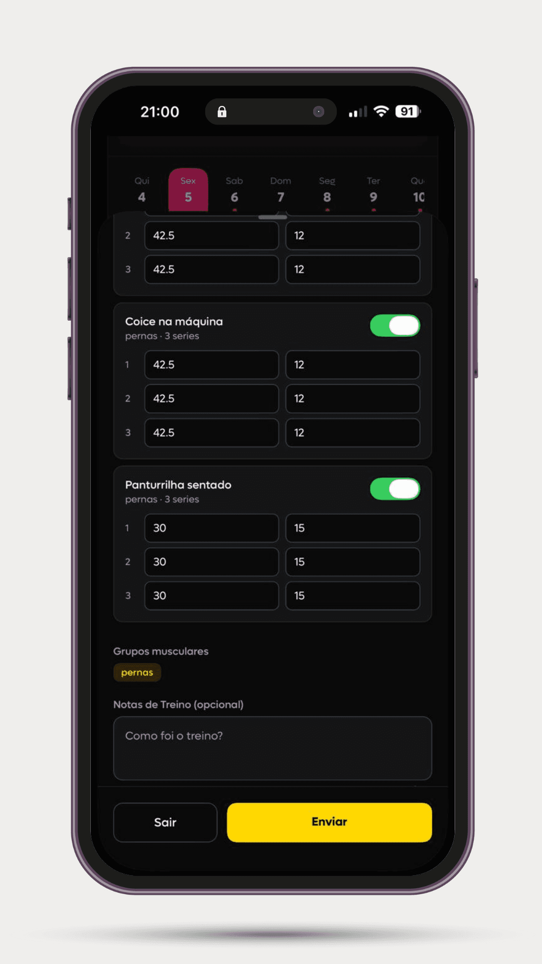 Tela de registro do dia de treino na SelfShapeAI