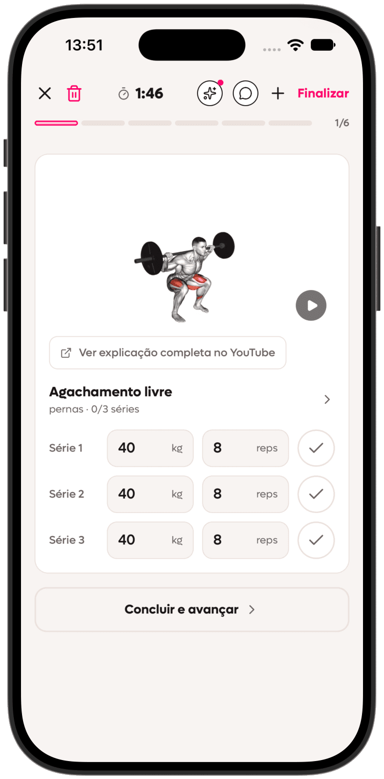 Sessão guiada no iPhone em modo claro: agachamento, vídeo e três séries com carga e repetições.