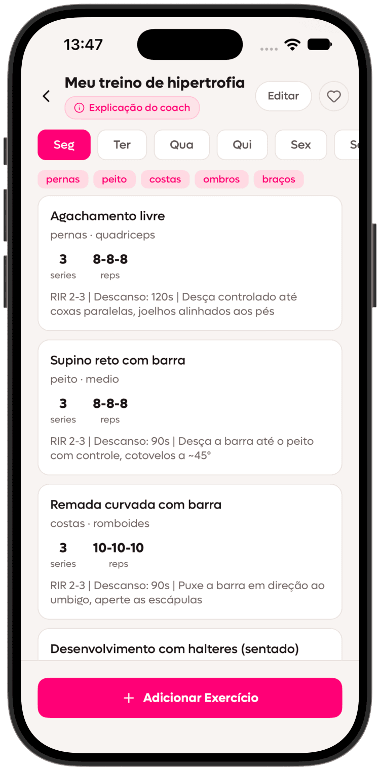 Ficha completa de hipertrofia em modo claro, com agachamento, supino, remada e orientações por exercício.