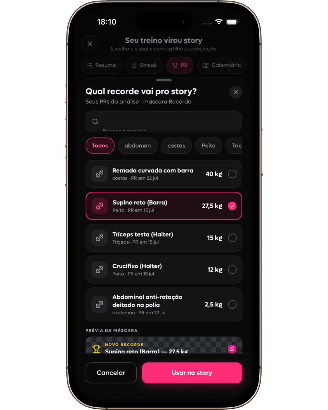 Tela da SelfShapeAI para escolher um recorde pessoal e usar no Story Studio