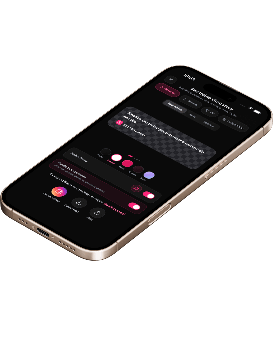 Tela do Story Studio da SelfShapeAI com opções de resumo, streak, PR e calendário e ações para baixar ou compartilhar