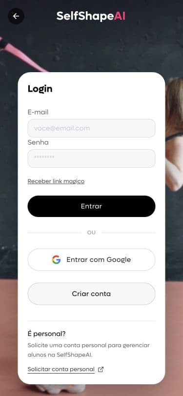 Tela de login da SelfShapeAI em uma tela estreita com o botão Entrar com Google.