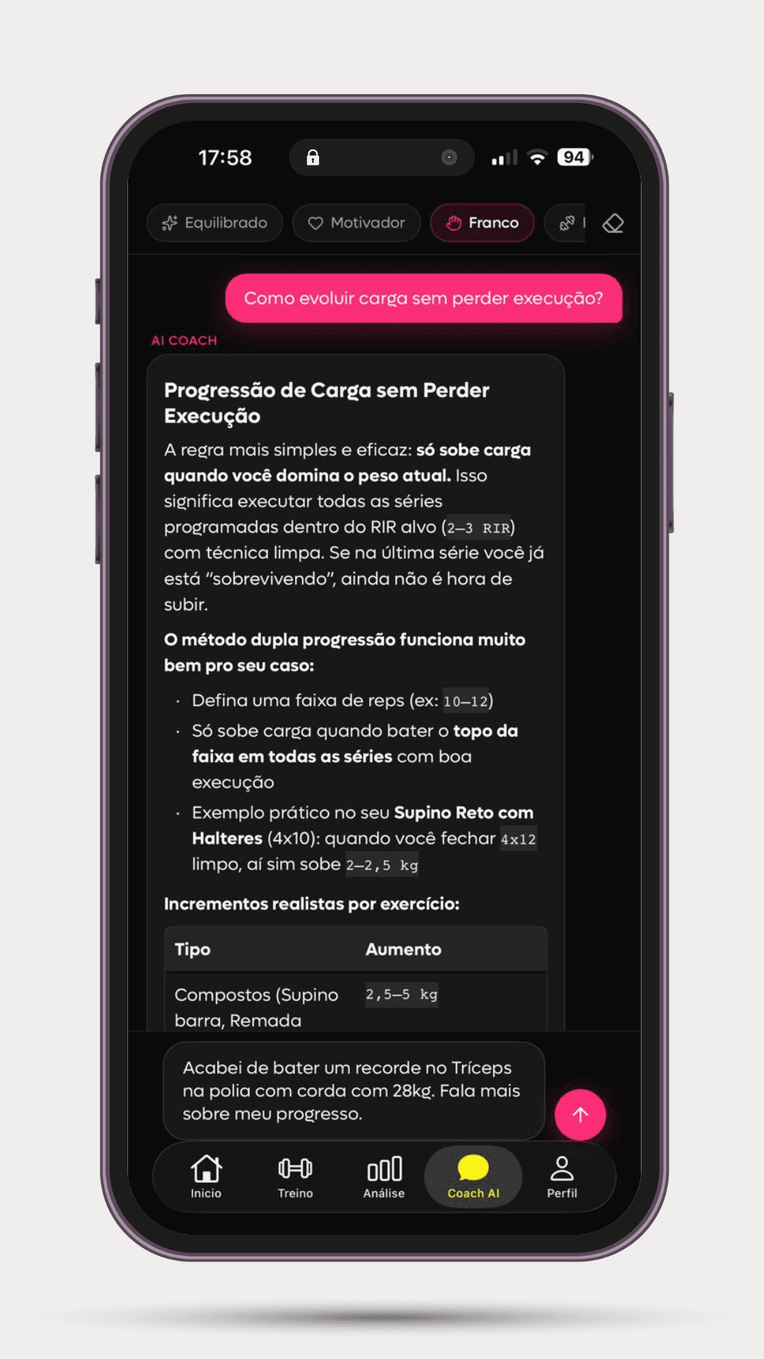 Tela atual da SelfShapeAI mostrando o AI Coach orientando ajustes de treino em tempo real.