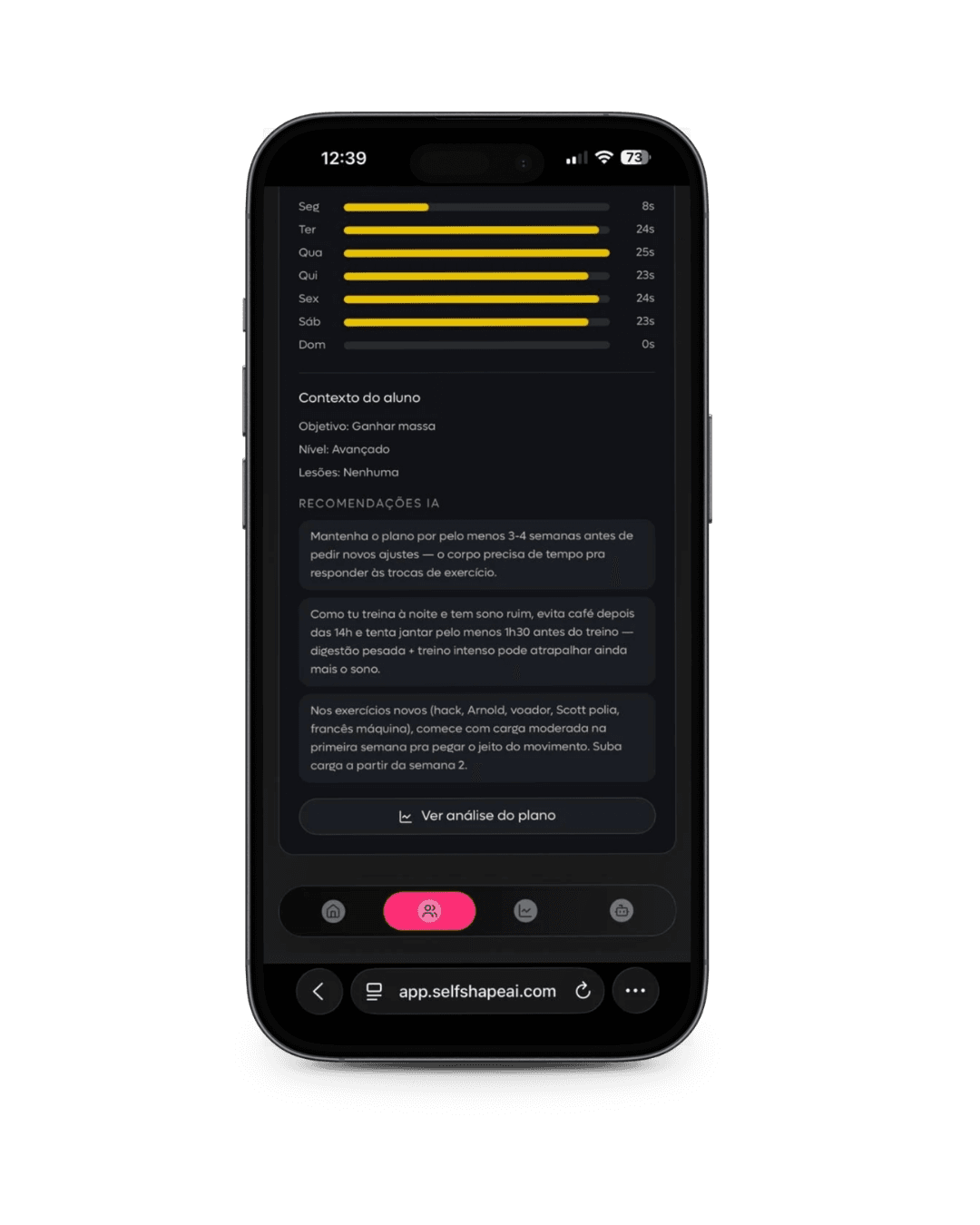 Tela atual da SelfShapeAI mostrando contexto do aluno e recomendações da IA para montar o plano.