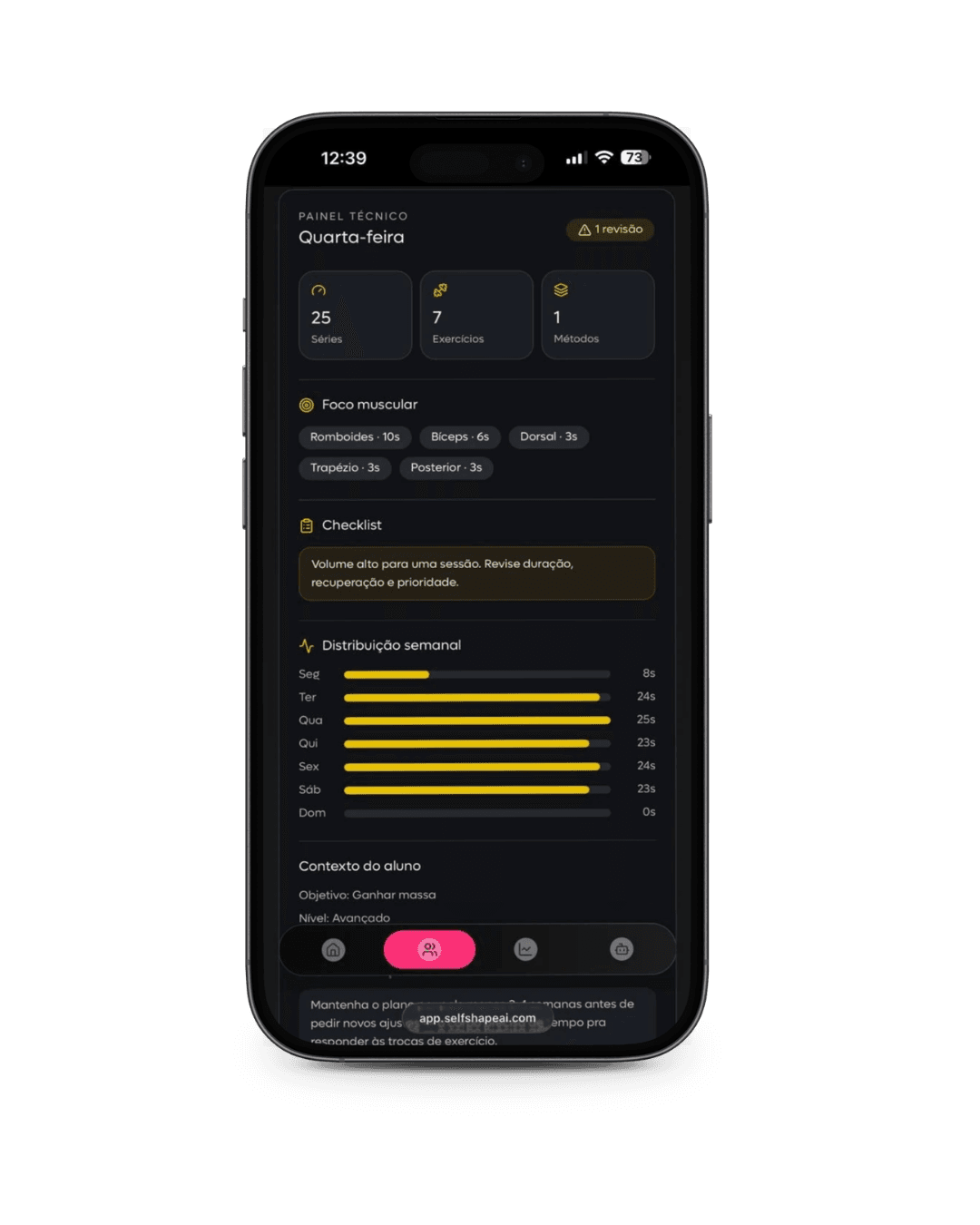 Painel técnico da SelfShapeAI para personal acompanhar clientes.