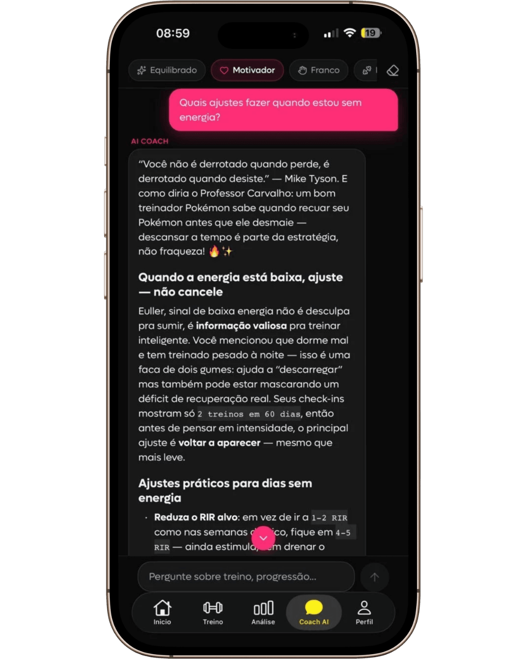Conversation with SelfShapeAI AI Coach suggesting adjustments for a low-energy day based on training history.