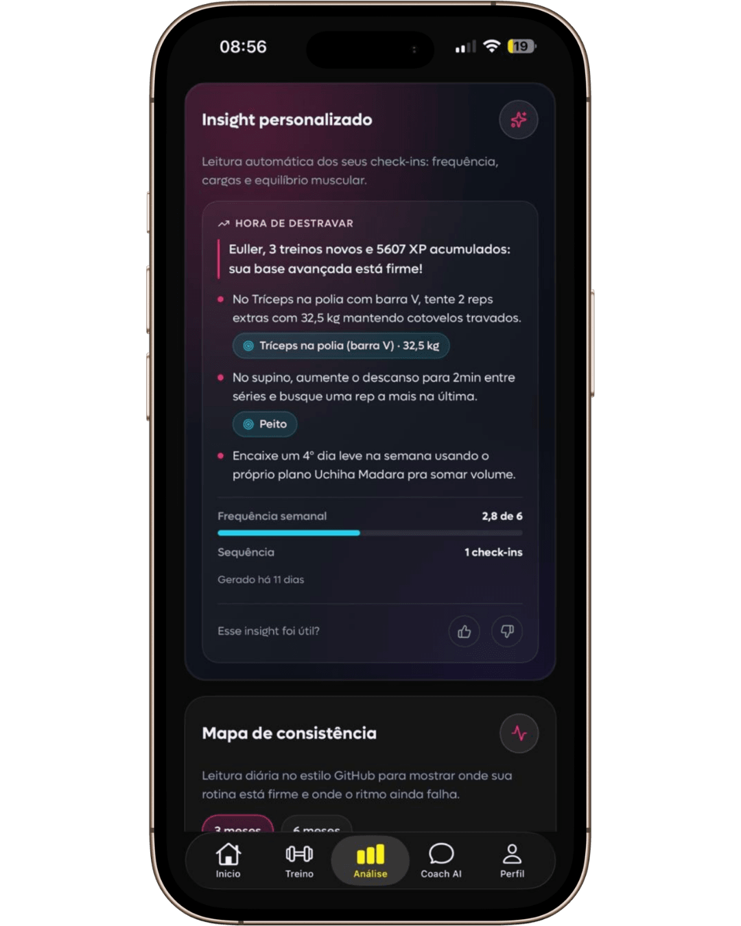 SelfShapeAI personalized insight with load, rest and frequency recommendations generated from check-ins.