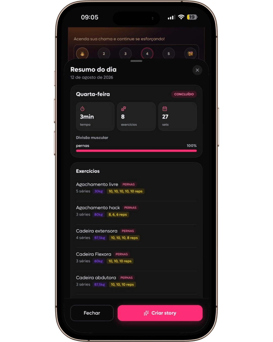 Summary of a completed SelfShapeAI session with duration, exercises, sets and logged loads.