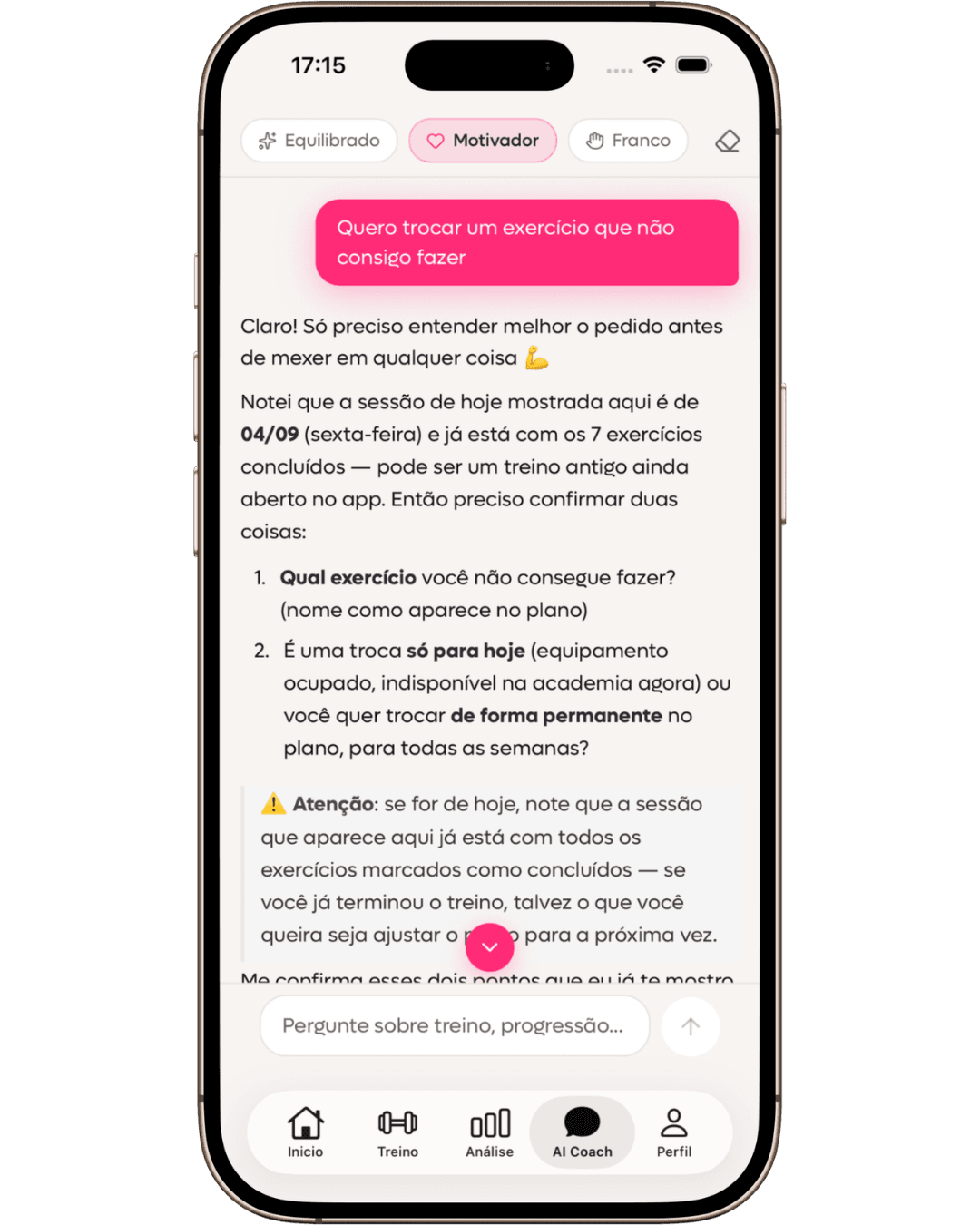Conversa com o AI Coach no modo claro sobre a troca de um exercício