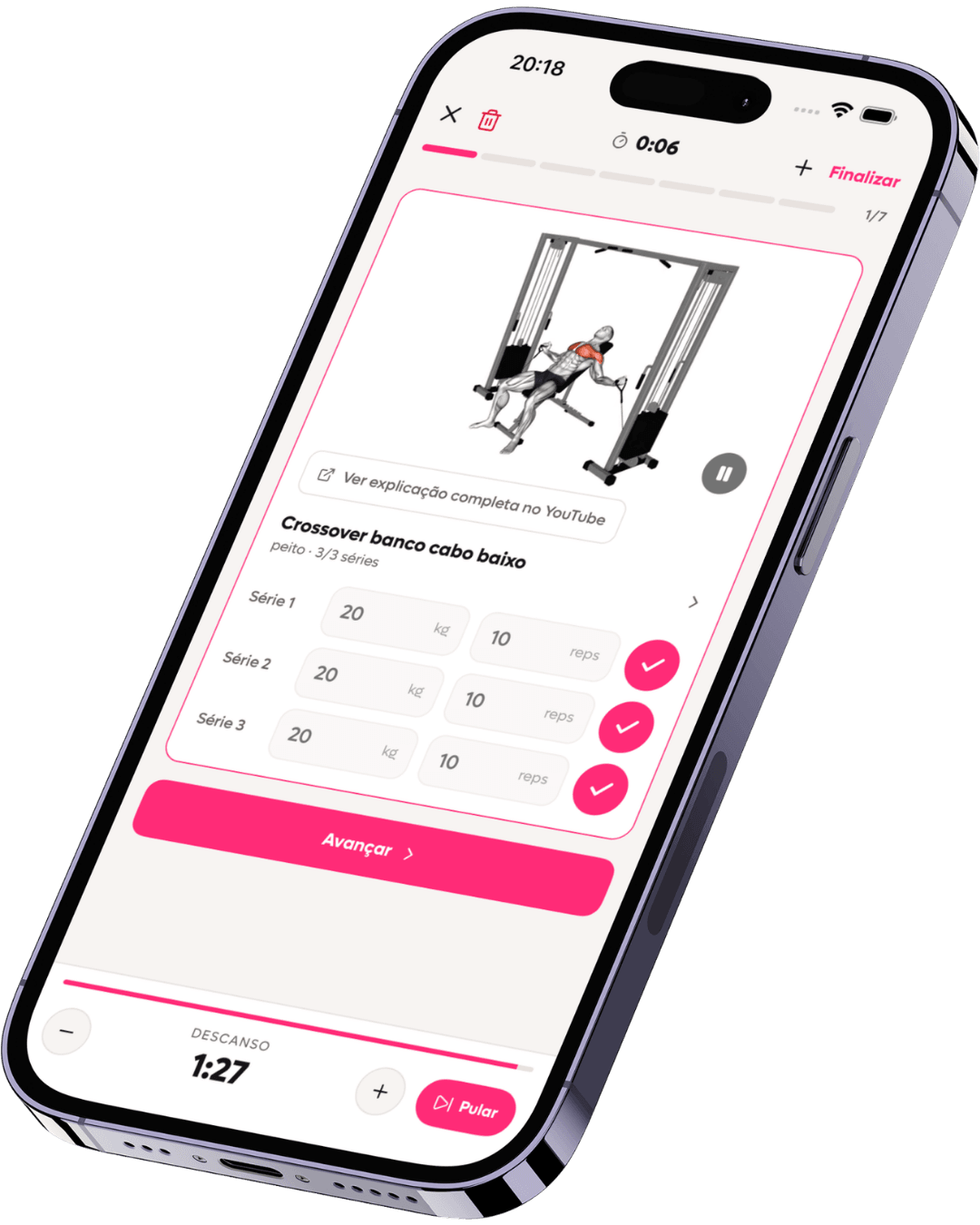SelfShapeAI live session with exercise video, load and repetitions for each set, and an active rest timer.