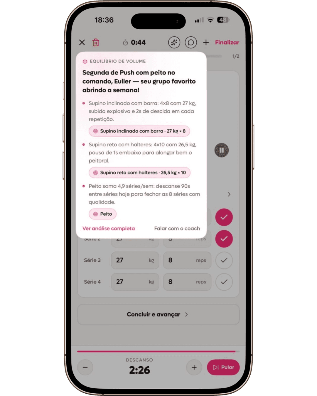 Sessão ao vivo da SelfShapeAI no modo claro com o insight do dia aberto sobre o exercício atual.
