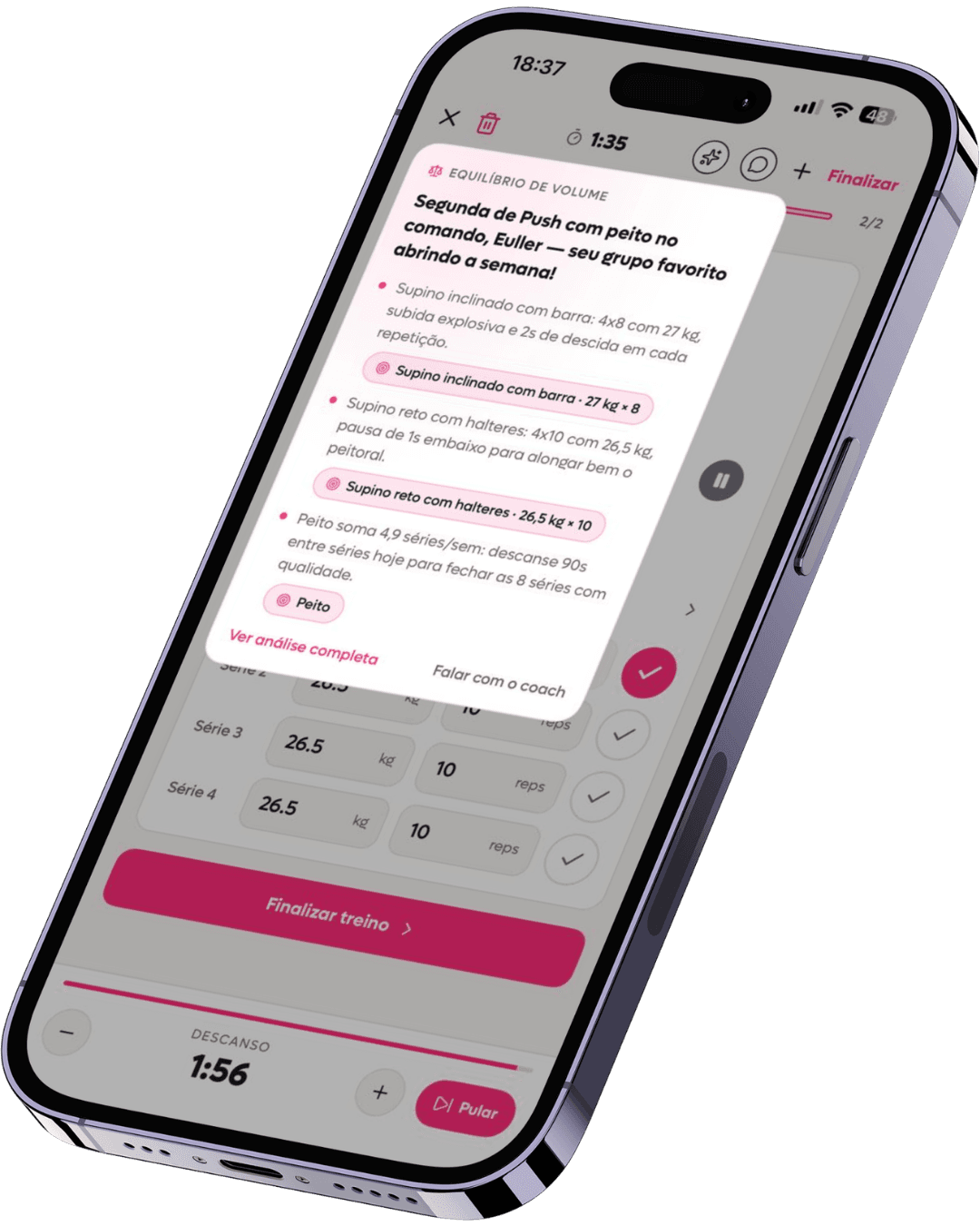 Sessão ao vivo da SelfShapeAI em modo claro com o insight do dia aberto e acesso ao AI Coach.