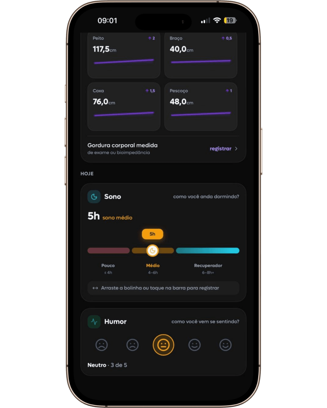 Body progress in SelfShapeAI with logged measurements, sleep and mood.