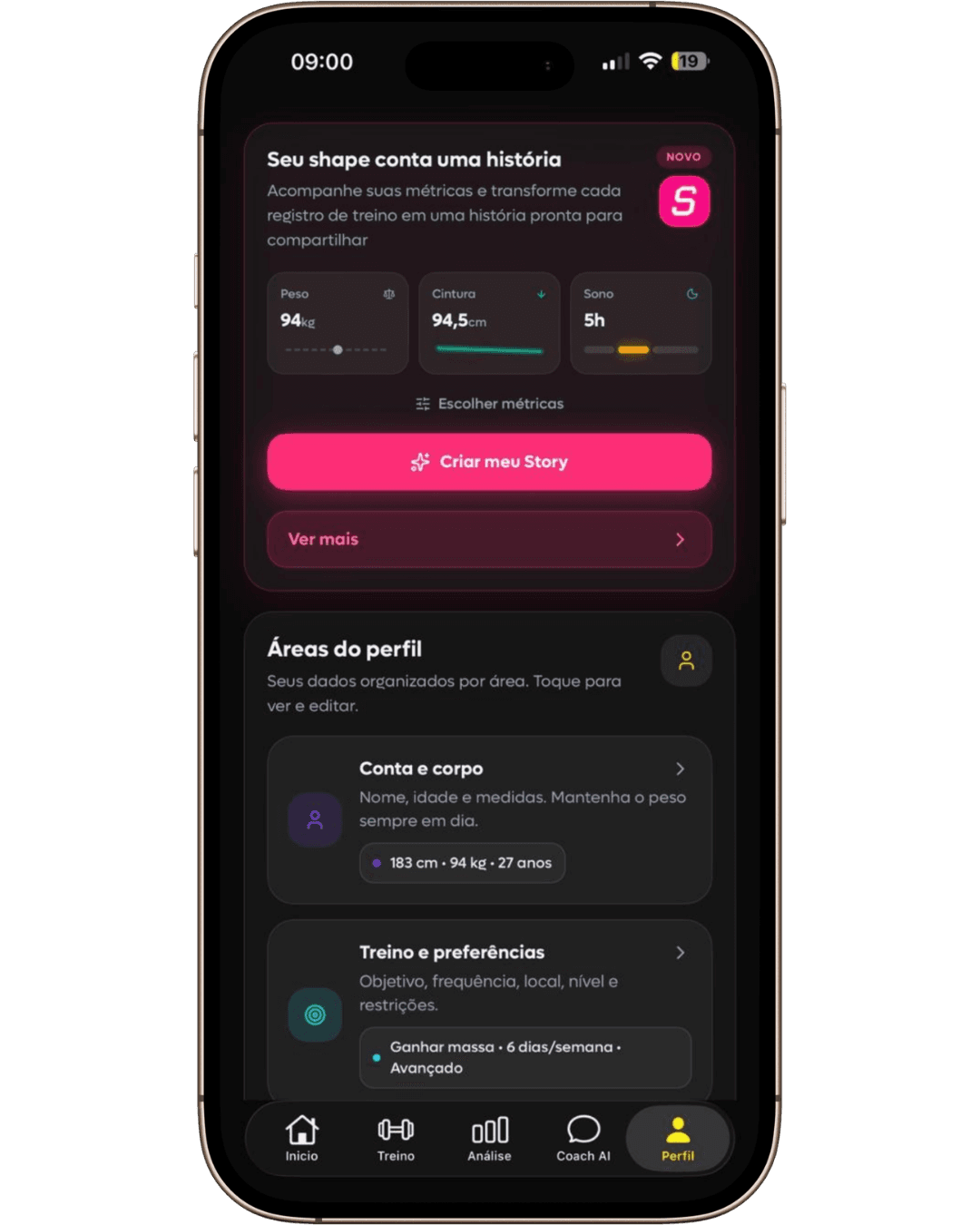 SelfShapeAI profile screen tracking weight, waist and sleep over time