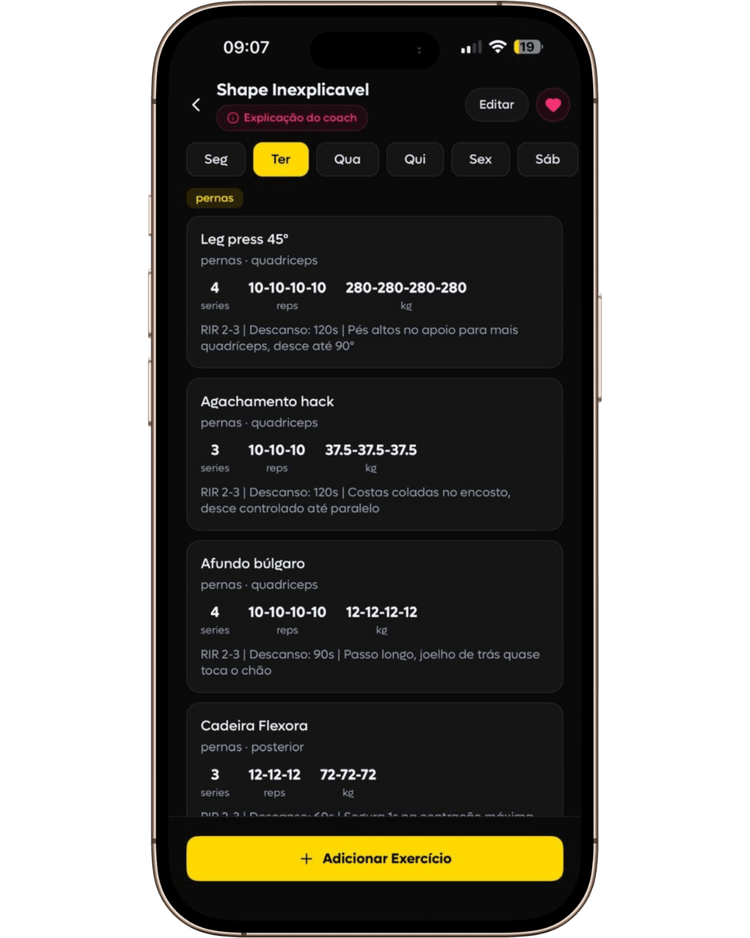SelfShapeAI daily plan with exercises, sets, repetitions, loads, RIR and execution guidance.