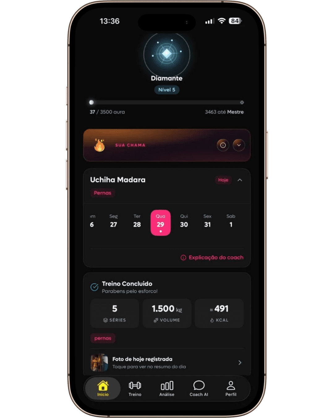 Dashboard atual da SelfShapeAI com Aura, plano do dia, treino concluído e foto registrada.