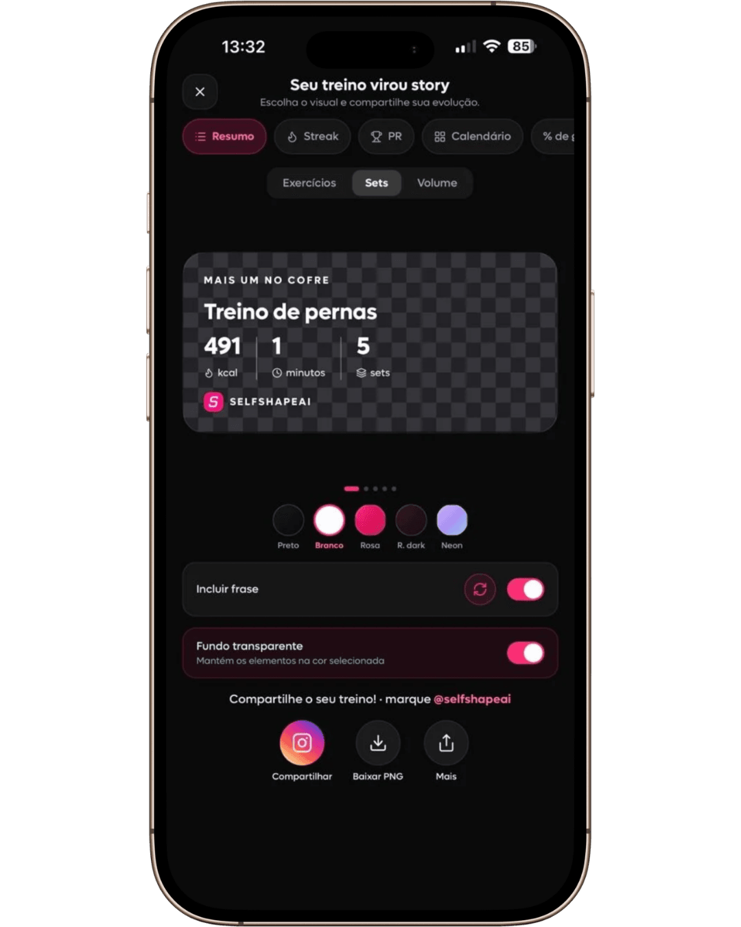 SelfShapeAI Story Studio customizing a workout summary with sets, colors and a phrase before sharing.